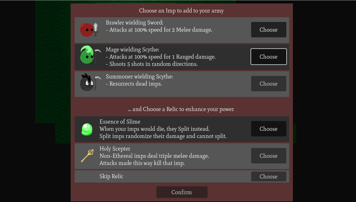 Screenshot of a menu for recruiting a new imp and choosing a relic